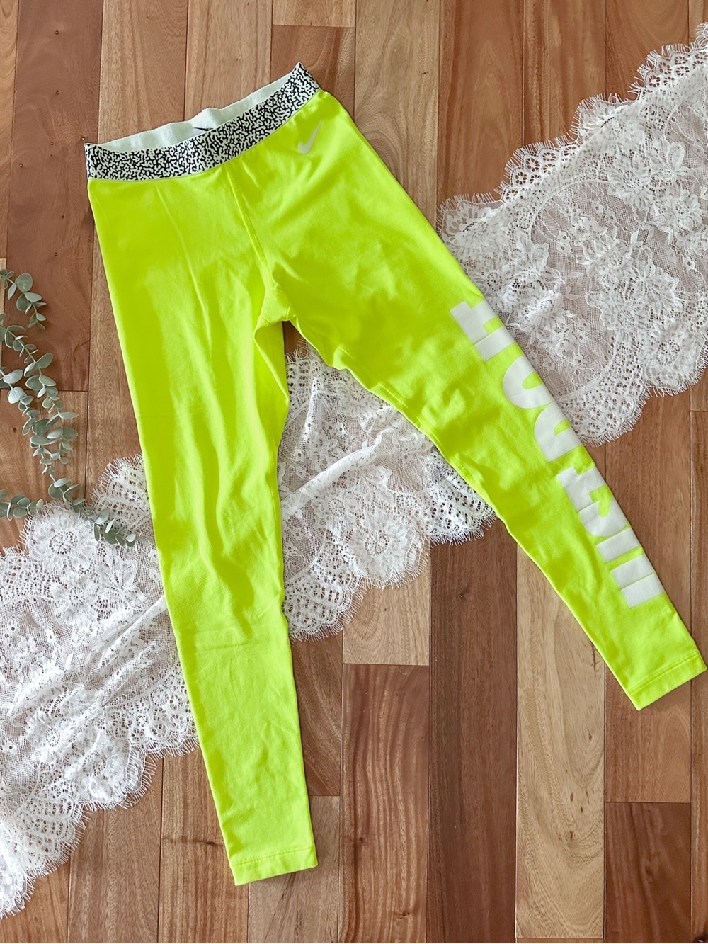 Nike Neon Yellow Leggings with White Side Logo and Speckled Waistband